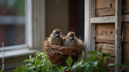Two small brown birds sit in a woven nest made of twigs, surrounded by green leaves. The nest is perched on a windowsill with a wooden frame.