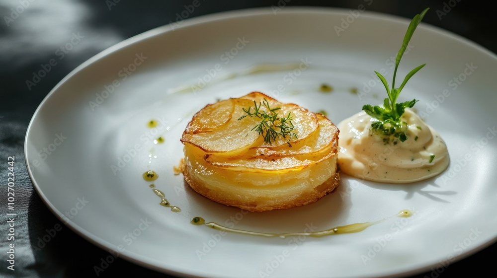 Crispy Potato Galette Served on White Plate Crispy Potato Galette Served on White Plate