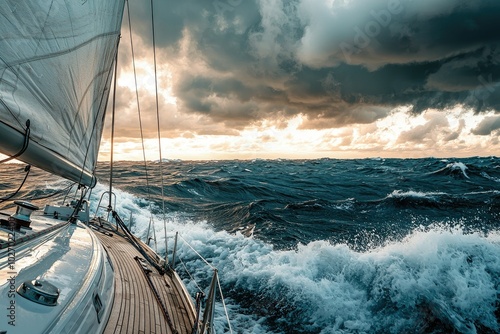 Sailboat Navigating Through Choppy Waters at Sunset