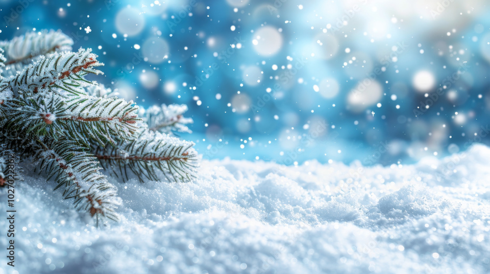 Snow-covered pine branch surrounded by falling snowflakes on a winter day Snow-covered pine branch surrounded by falling snowflakes on a winter day