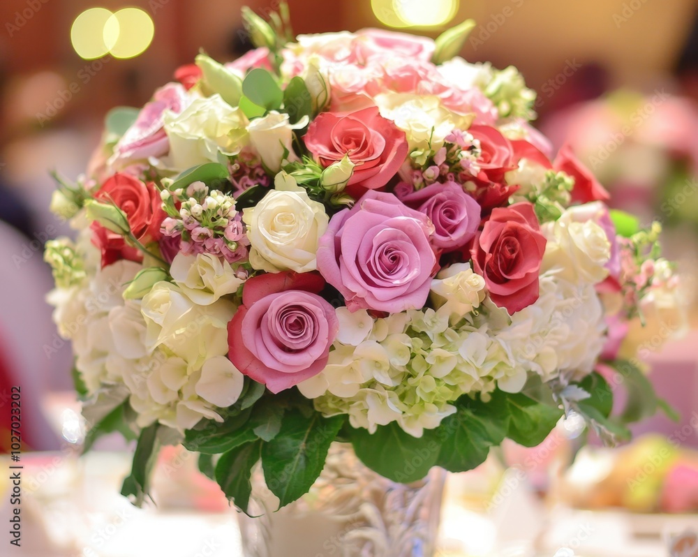 Elegant floral arrangement with roses and hydrangeas brightening a romantic dining experience Elegant floral arrangement with roses and hydrangeas brightening a romantic dining experience