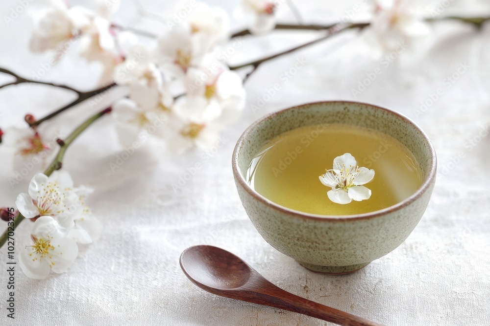 A serene moment with green tea and delicate spring blossoms in a tranquil setting A serene moment with green tea and delicate spring blossoms in a tranquil setting