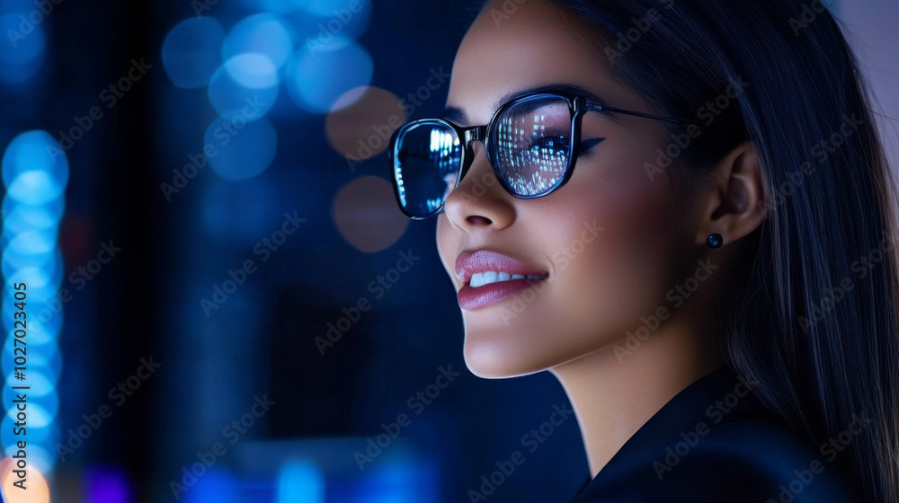 Woman wearing stylish sunglasses in a modern urban setting at night Woman wearing stylish sunglasses in a modern urban setting at night