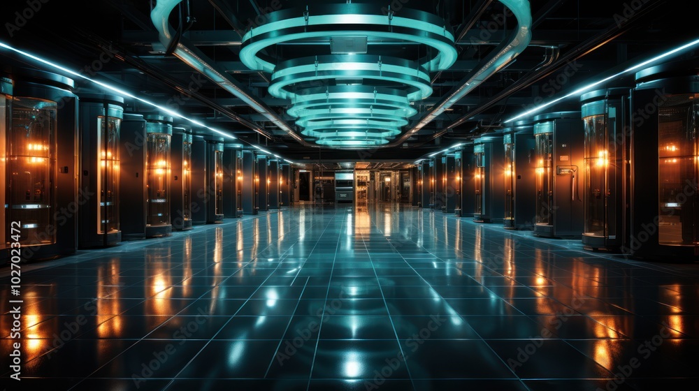 Futuristic Server Room with Reflective Floors Futuristic Server Room with Reflective Floors