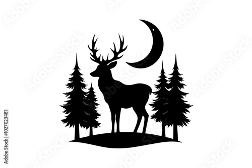 Deer with forest in moon silhouette | vector silhouette illustration on white background