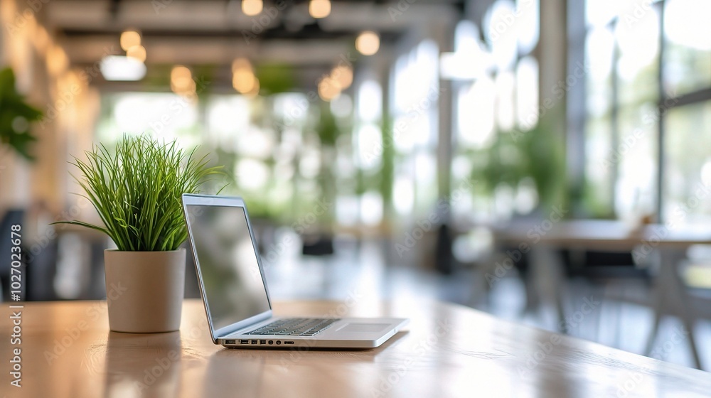 Modern Workspace with Laptop and Plant Indoor Setting Modern Workspace with Laptop and Plant Indoor Setting