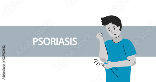 Psoriasis  world day. caucasian man  suffers  from psoriasis.  Psoriasis symptoms and reasons infographic. Human skin infection psoriasis diagnosis. Vector doodle hand drawn flat illustration