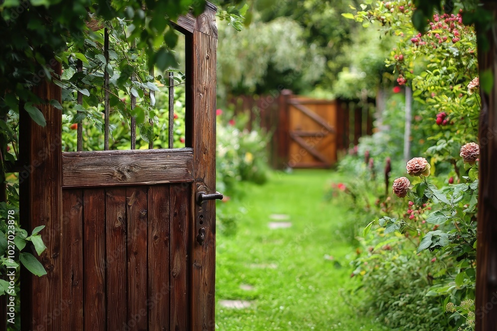 A charming garden pathway inviting exploration on a sunny day A charming garden pathway inviting exploration on a sunny day