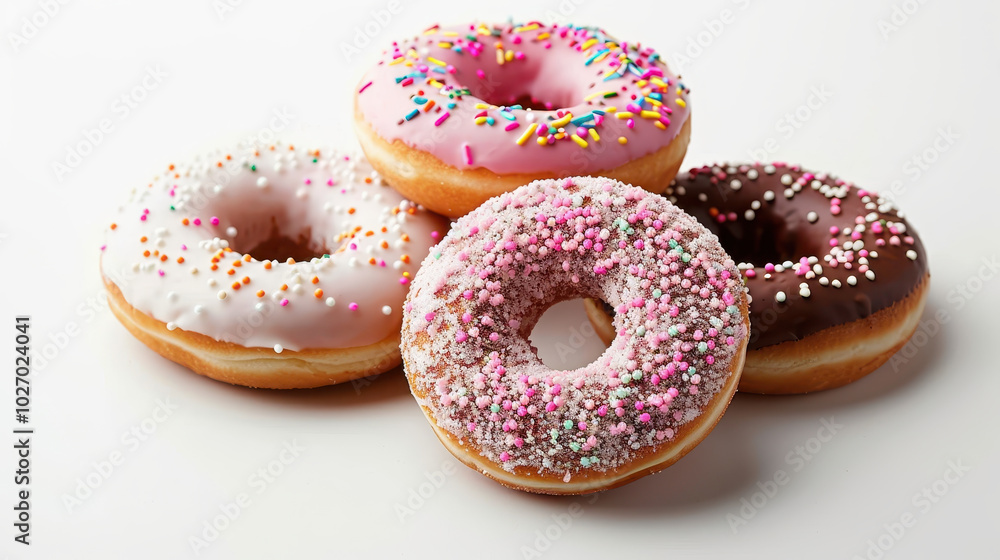 Delight in this delicious selection of donuts featuring pink, white, and chocolate icing, adorned with colorful sprinkles that add festive touch Delight in this delicious selection of donuts featuring pink, white, and chocolate icing, adorned with colorful sprinkles that add festive touch