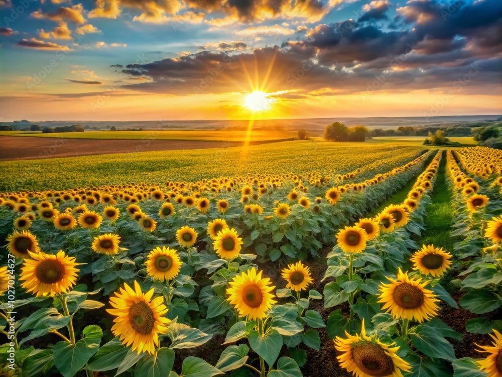 Fototapeta premium Stunning Aerial Photography of Sunflowers at Golden Hour for Nature Enthusiasts