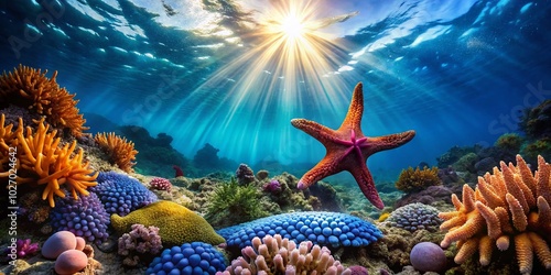 Stunning Aerial Photography of Underwater Scene with Granulated Sea Star Choriaster Granulatus in Vibrant Coral Reefs photo