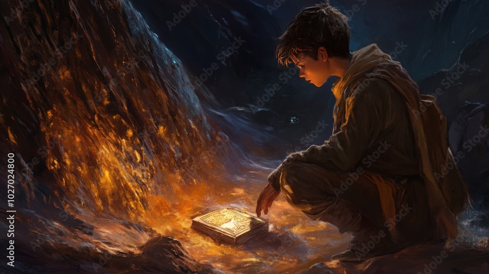 A young man sits by a fire, looking at a book. A young man sits by a fire, looking at a book.