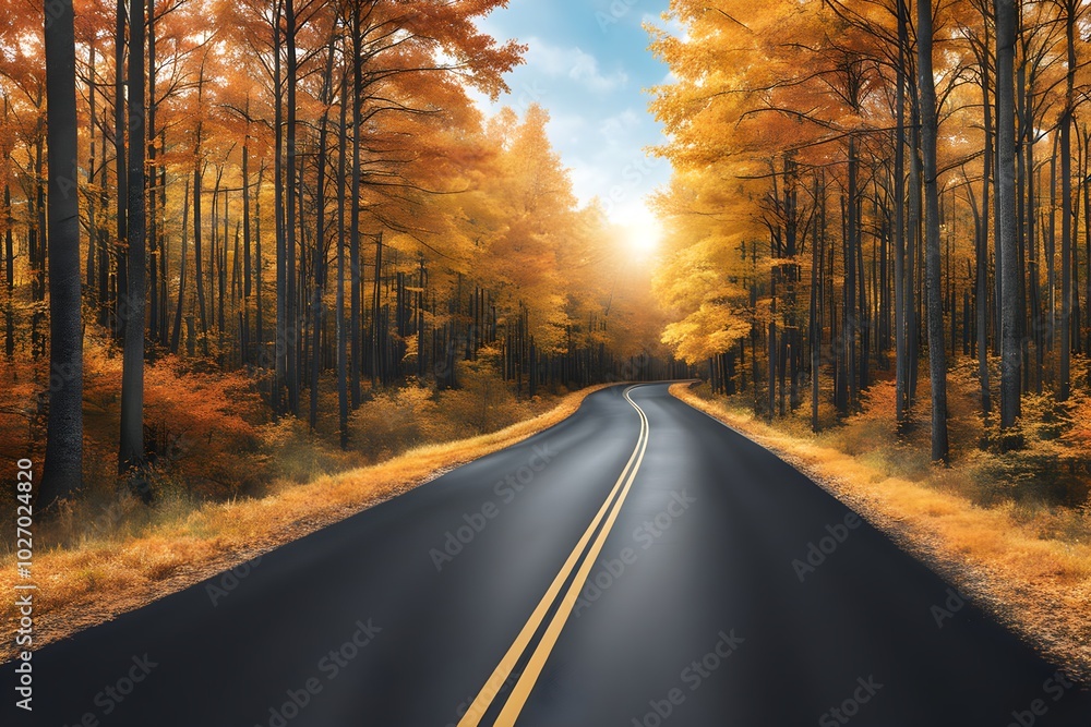 the asphalt road through the autumn forest the asphalt road through the autumn forest