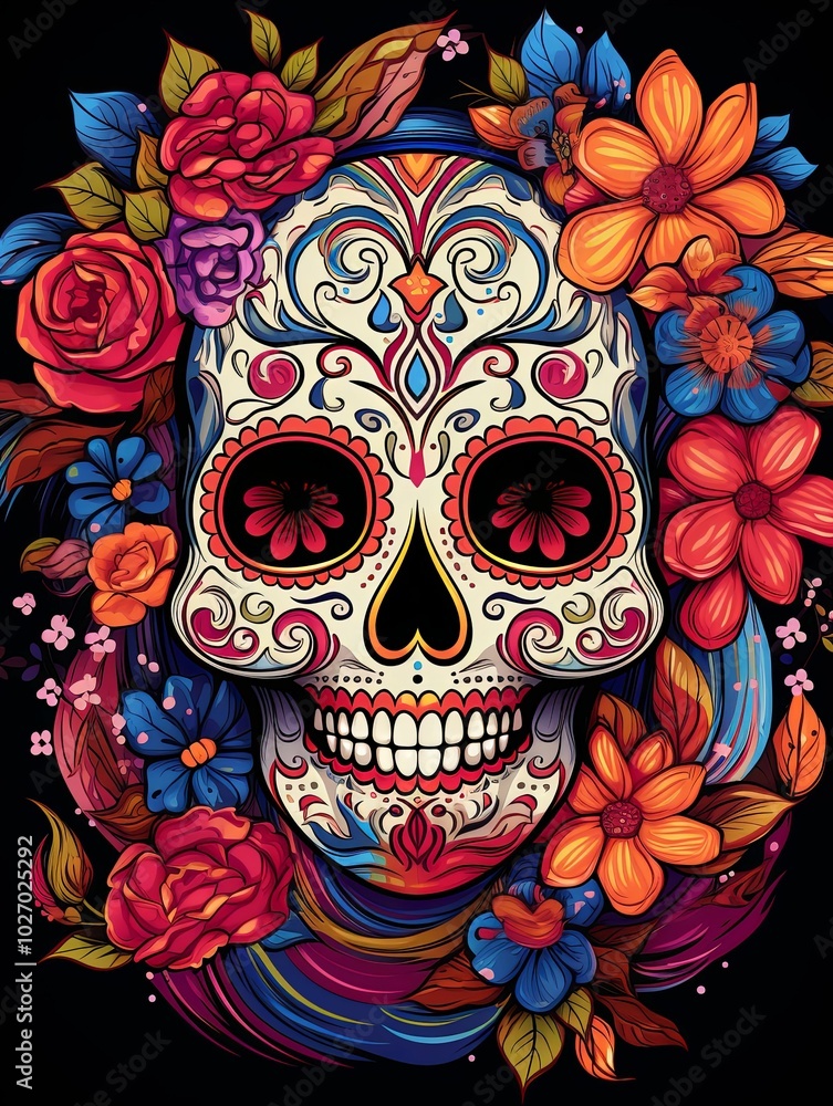 Sugar Skull Decorated with Flowers and Swirls Sugar Skull Decorated with Flowers and Swirls