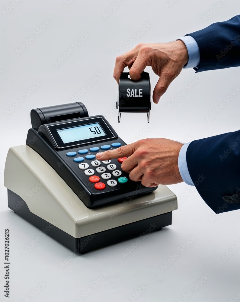 a cash register ringing sale on plain white background a cash register ringing sale on plain white background