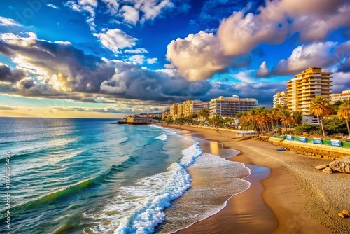 Stunning Benalmadena Beach View Towards Carihuela and Torremolinos on Costa del Sol, Andalusia, Spain with Vibrant Sea photo