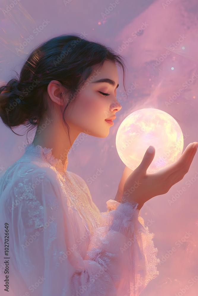 Naklejka premium Serene Woman Holding a Glowing Orb in Her Hand Surrounded by Mystical Atmosphere