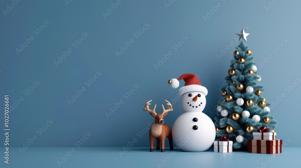 joyful scene with snowman, reindeer, and decorated Christmas tree, creating festive atmosphere perfect for holiday season joyful scene with snowman, reindeer, and decorated Christmas tree, creating festive atmosphere perfect for holiday season