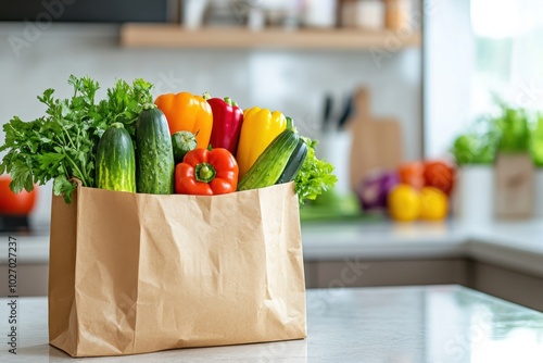 A brown paper grocery bag filled with colorful, fresh vegetables like bell peppers and cucumbers photo