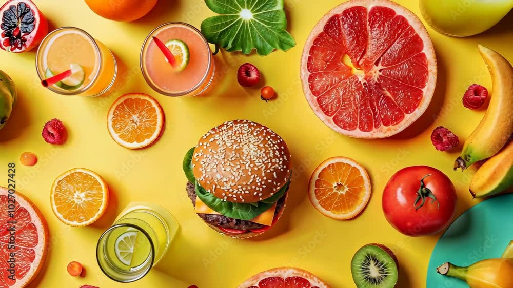 A juicy hamburger sits amongst a variety of fruits and juices on a yellow background A juicy hamburger sits amongst a variety of fruits and juices on a yellow background