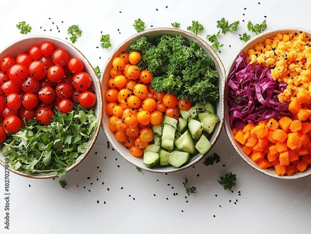 three appetizing salad bowls filled with colorful fresh ingredients on a pristine white background, capturing the essence of healthy eating in a vibrant, mouthwatering presentation three appetizing salad bowls filled with colorful fresh ingredients on a pristine white background, capturing the essence of healthy eating in a vibrant, mouthwatering presentation