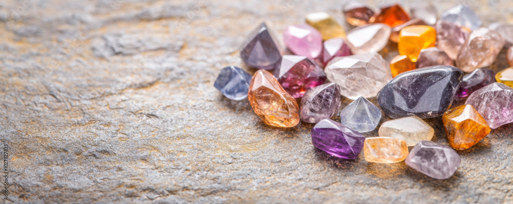 Fototapeta premium Beautiful unprocessed gemstones scattered on a natural stone surface