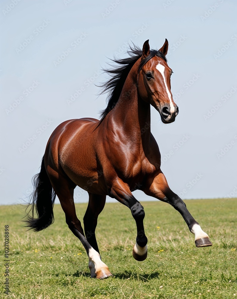 a majestic horse galloping in the field on plain white background