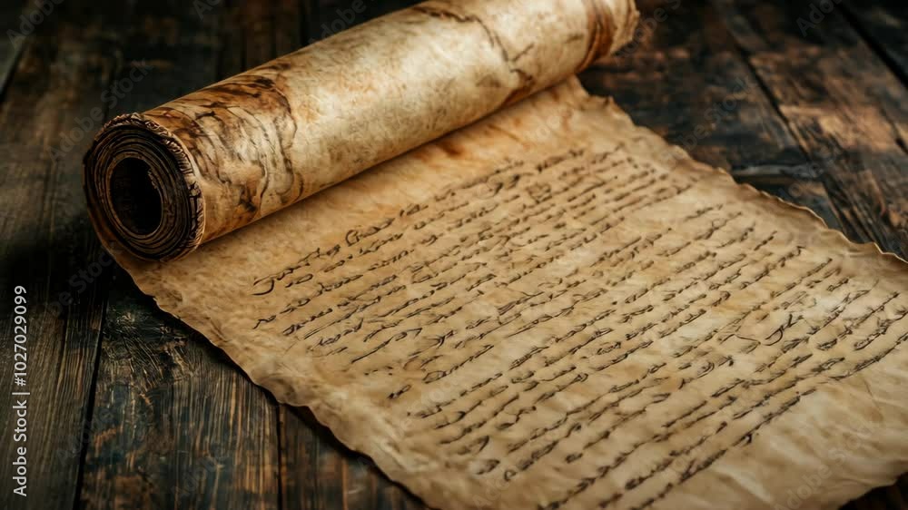 An old scroll with handwritten text rests on a wooden table