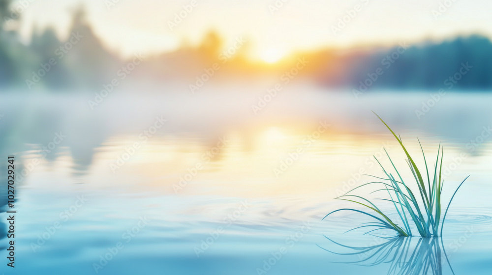 Serene sunrise over misty lake with gentle water ripples and grass Serene sunrise over misty lake with gentle water ripples and grass