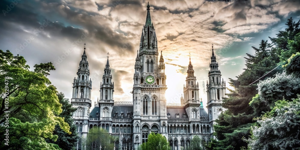 Fototapeta premium Stunning Double Exposure of Vienna City Hall Tower Surrounded by Lush Green Trees at Summer Sunset