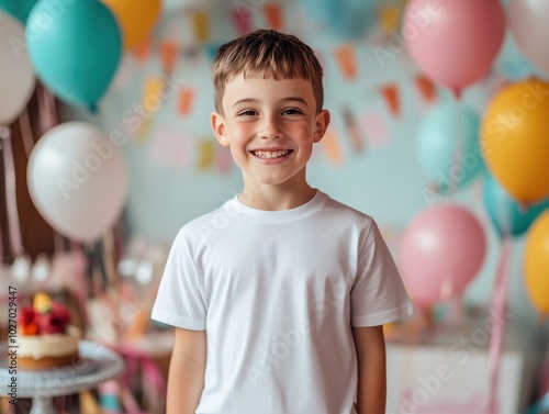 Birthday boy tshirt mockup. Kids blank white shirt mockup. Standing handsome boy model in basic tshirt, festive background with balloons. Children's birthday mockup, empty short sleeve shirt template	