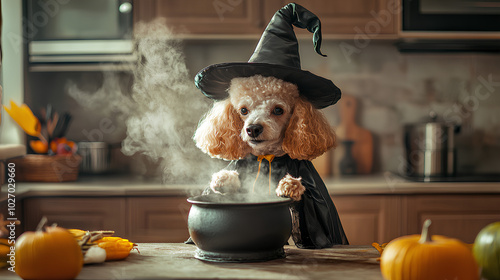 Poodle wearing a witch s hat and cape, stirring a cauldron in a spooky kitchen, witch dog, Halloween pet chef photo