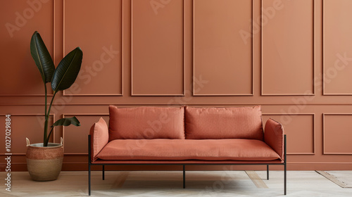 minimalist modern living room featuring terracotta sofa against warm orange wall, complemented by stylish plant in pot, creating cozy and inviting atmosphere
