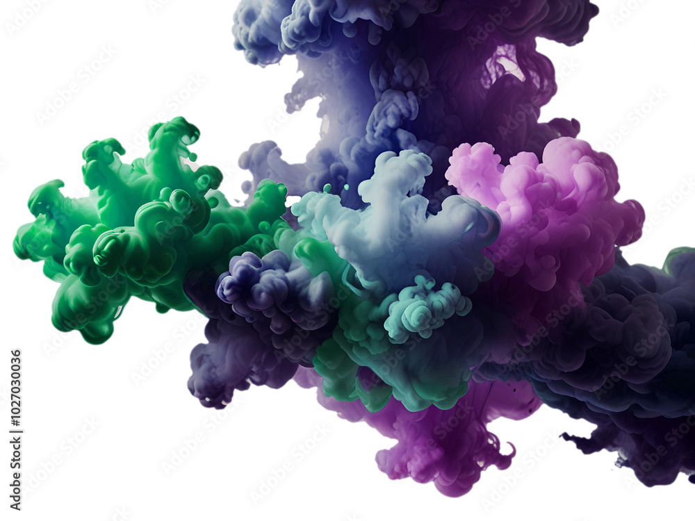 Acrylic color pigment and ink cloud in water. Abstract smoke on white background with copy space. Fancy dream cloud of ink underwater. Purple, blue and pink Acrylic color pigment and ink cloud in water. Abstract smoke on white background with copy space. Fancy dream cloud of ink underwater. Purple, blue and pink
