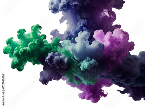 Acrylic color pigment and ink cloud in water. Abstract smoke on white background with copy space. Fancy dream cloud of ink underwater. Purple, blue and pink