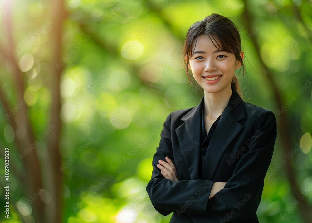 A confident young businesswoman in a black suit stands with arms crossed in a natural, outdoor setting, representing leadership and professionalism.
A confident young businesswoman in a black suit stands with arms crossed in a natural, outdoor setting, representing leadership and professionalism.