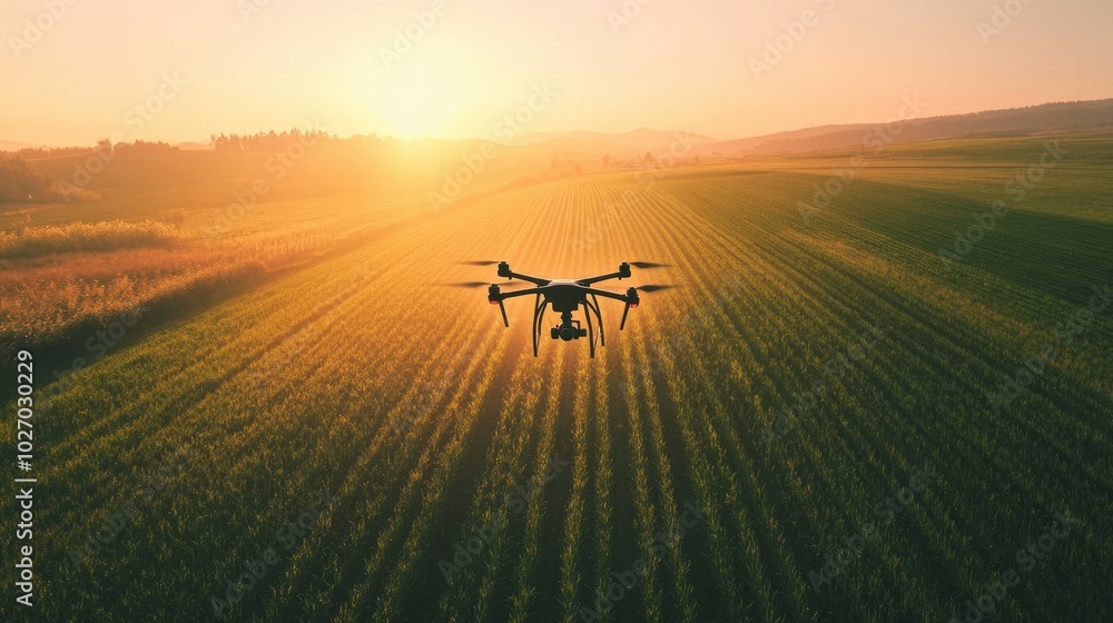 Fototapeta premium Drone Hovering Over Farm at Sunrise