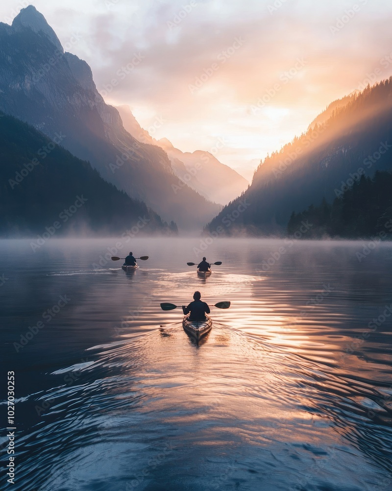 Friends Kayaking on Calm Lake at Sunrise Friends Kayaking on Calm Lake at Sunrise
