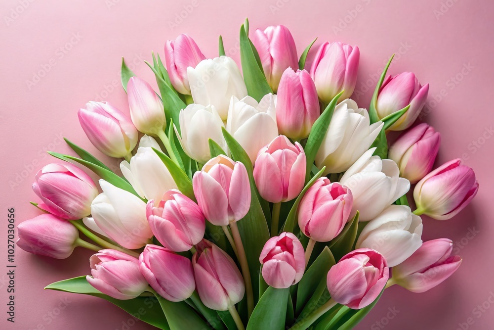 Fototapeta premium Stunning Drone Photography of Romantic Pink and White Tulip Bouquet on Soft Pink Background