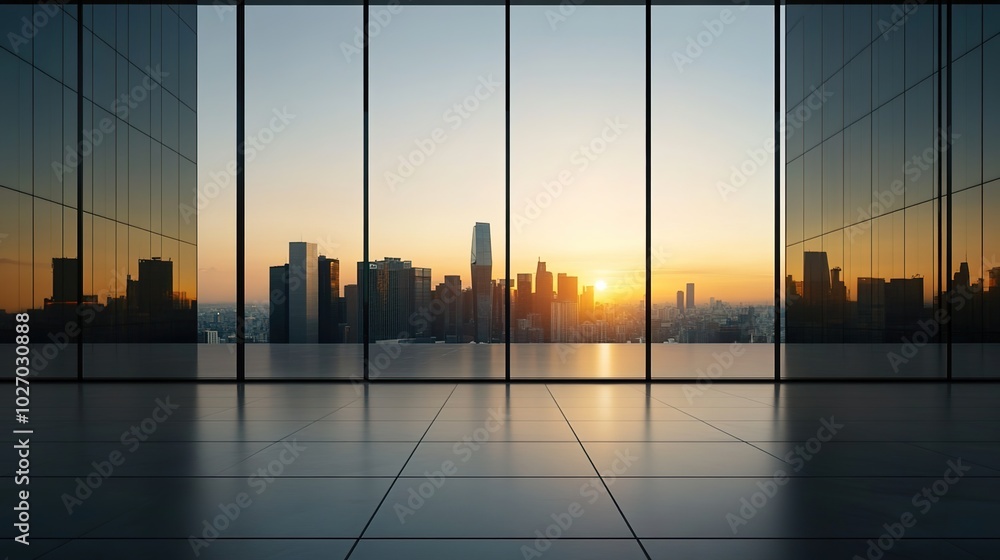 Fototapeta premium Modern Office with Sunset Background Over City Skyline
