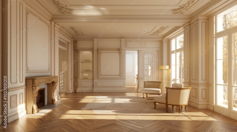 Classic interior with fireplace, armchair and parquet floor. Classic interior with fireplace, armchair and parquet floor.