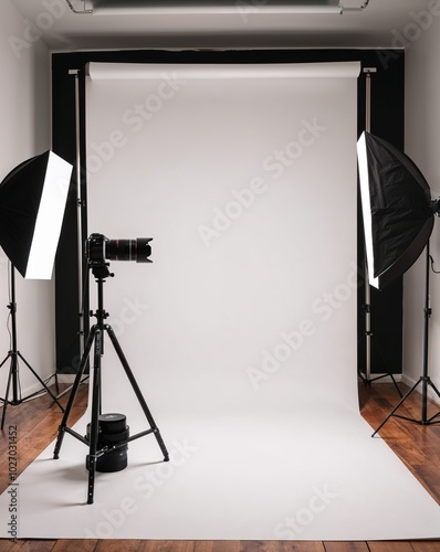 a photography studio with a camera setup on plain white background