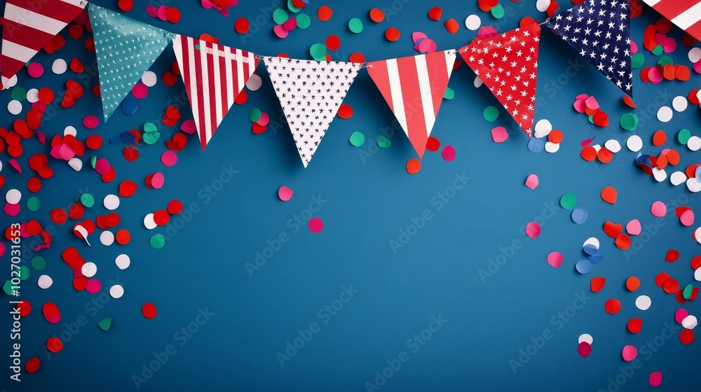 Obraz premium Dynamic USA election rally with confetti, decorative banners, and a navy blue backdrop, emphasizing patriotism and celebration, Election rally, Decorative background