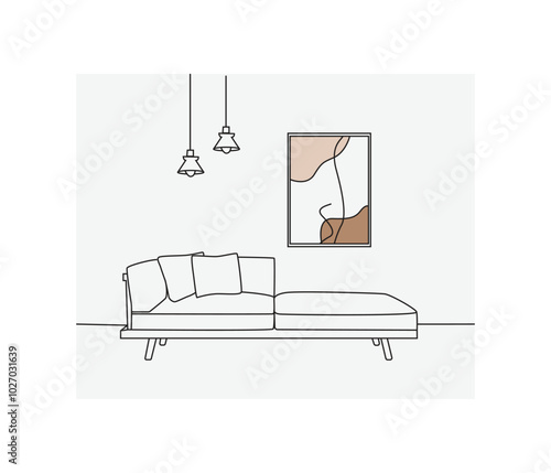  continuous one line drawing of sofa and floor lamp and table with plant. Modern interior design simple Linear style. furniture vector illustration