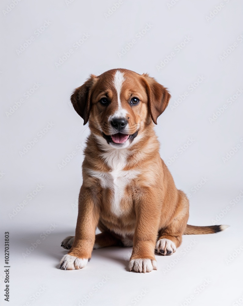 a playful puppy sitting on plain white background a playful puppy sitting on plain white background