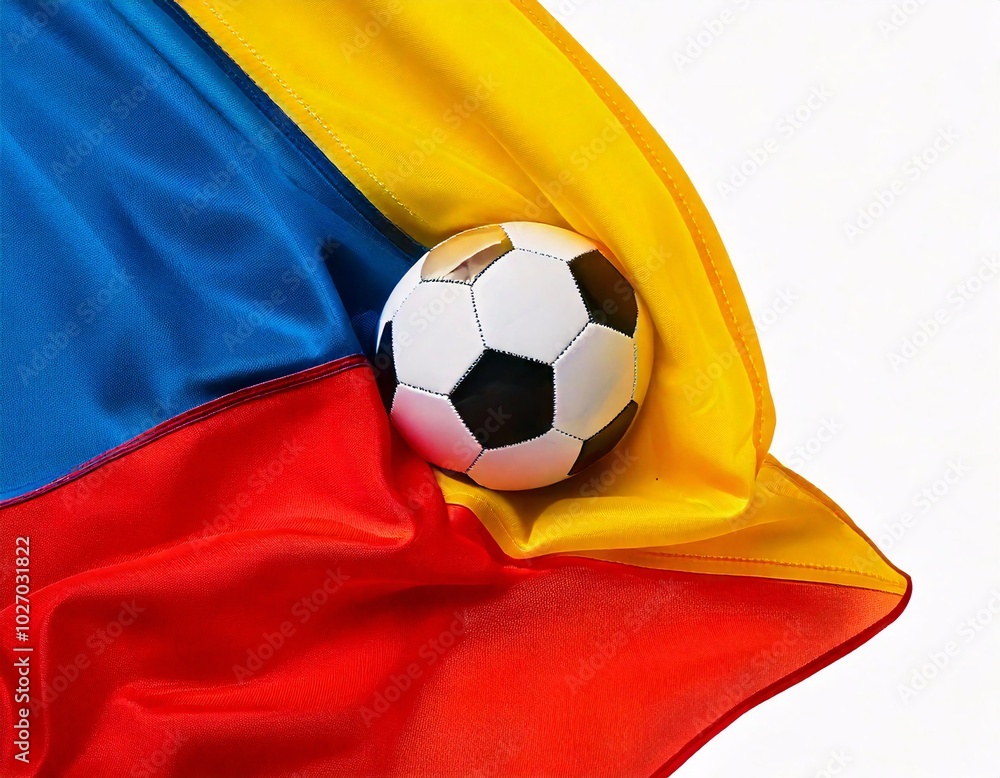 Naklejka premium a long floating yellow, blue, and red cloth, with a soccer ball