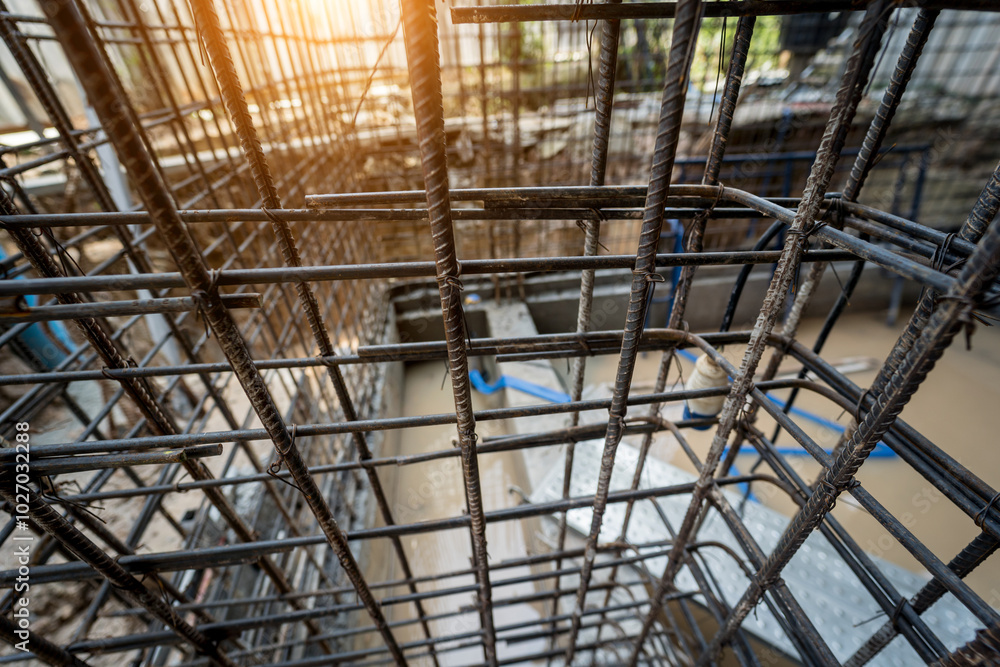 Fototapeta premium A construction site displaying a reinforced concrete foundation with steel rebar