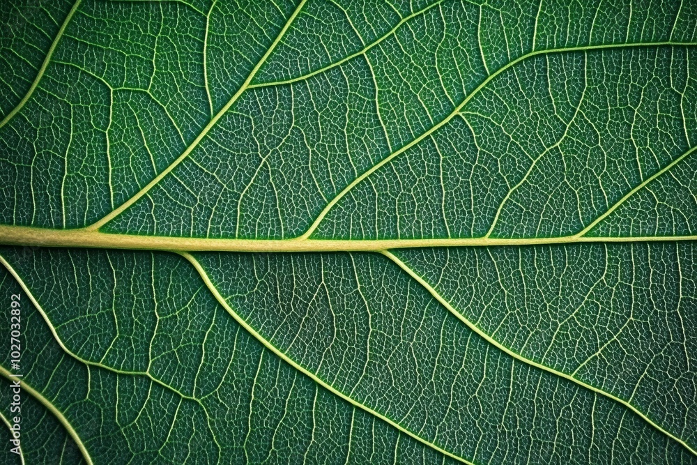 Obraz premium Detailed close-up of a green leaf, showcasing its intricate veins and natural texture. This image highlights nature’s beauty, growth, and organic patterns.
