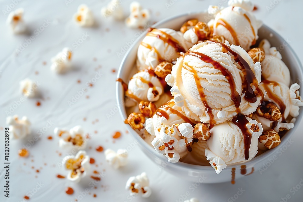 Popcorn and caramel-topped ice cream sitting on a white table with a copy space in the backdrop, Generative AI. Popcorn and caramel-topped ice cream sitting on a white table with a copy space in the backdrop, Generative AI.