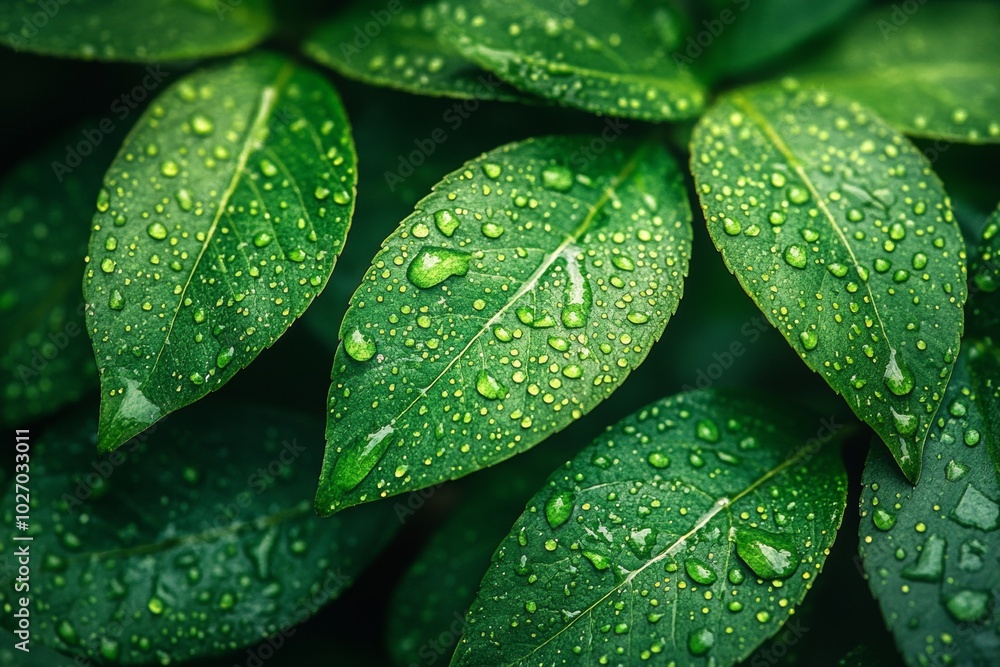 Close-up of fresh green leaves covered with water droplets after rain. This image symbolizes freshness, purity, and nature’s beauty. Close-up of fresh green leaves covered with water droplets after rain. This image symbolizes freshness, purity, and nature’s beauty.